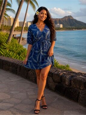 Tanoa Blue Leaf-Print V-Neck Drawstring Midi Dress